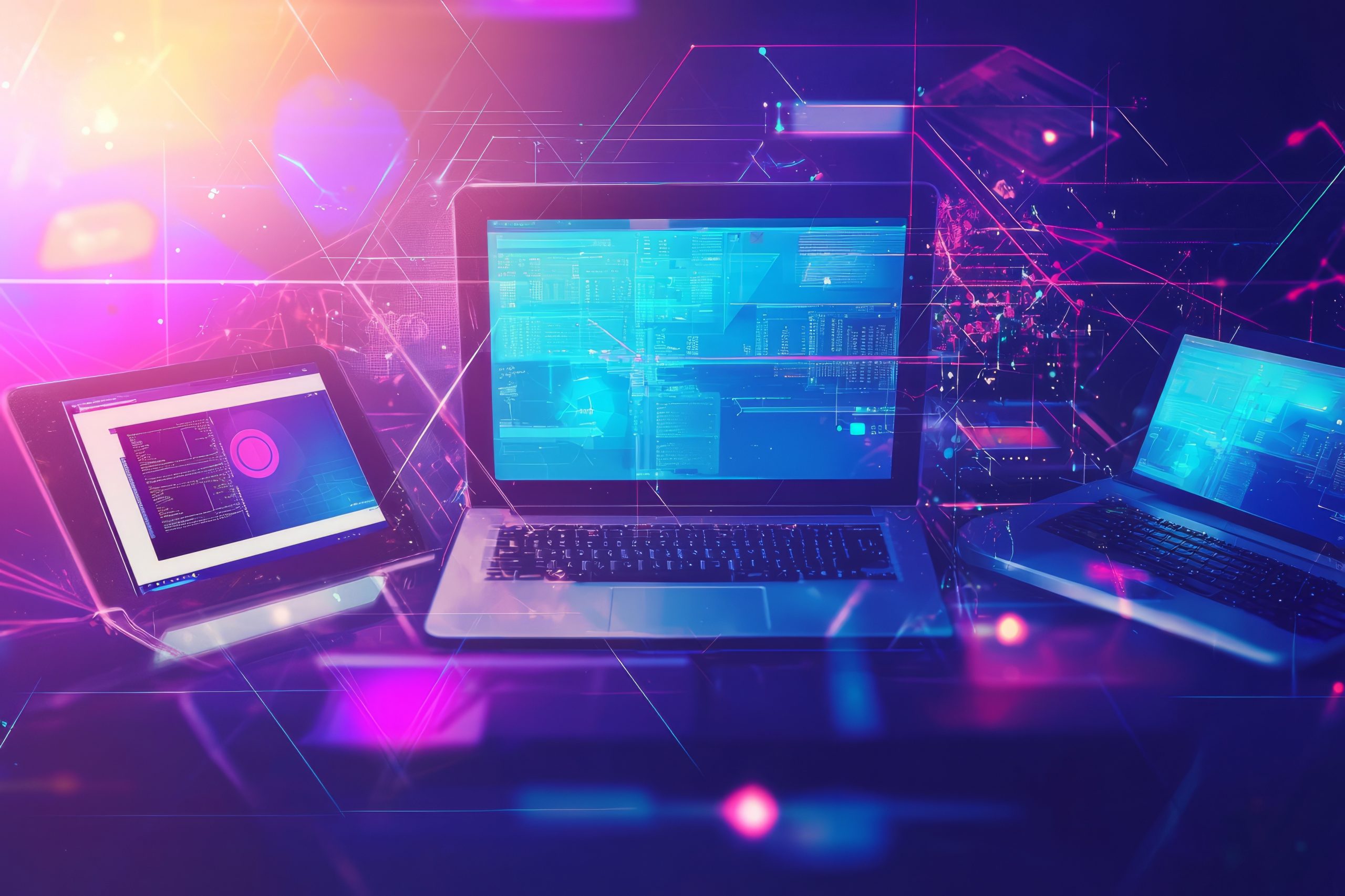 A visualization of cross-platform integration in a tech workspace with different operating systems and devices interacting. Users are easily transferring and managing information across platforms.