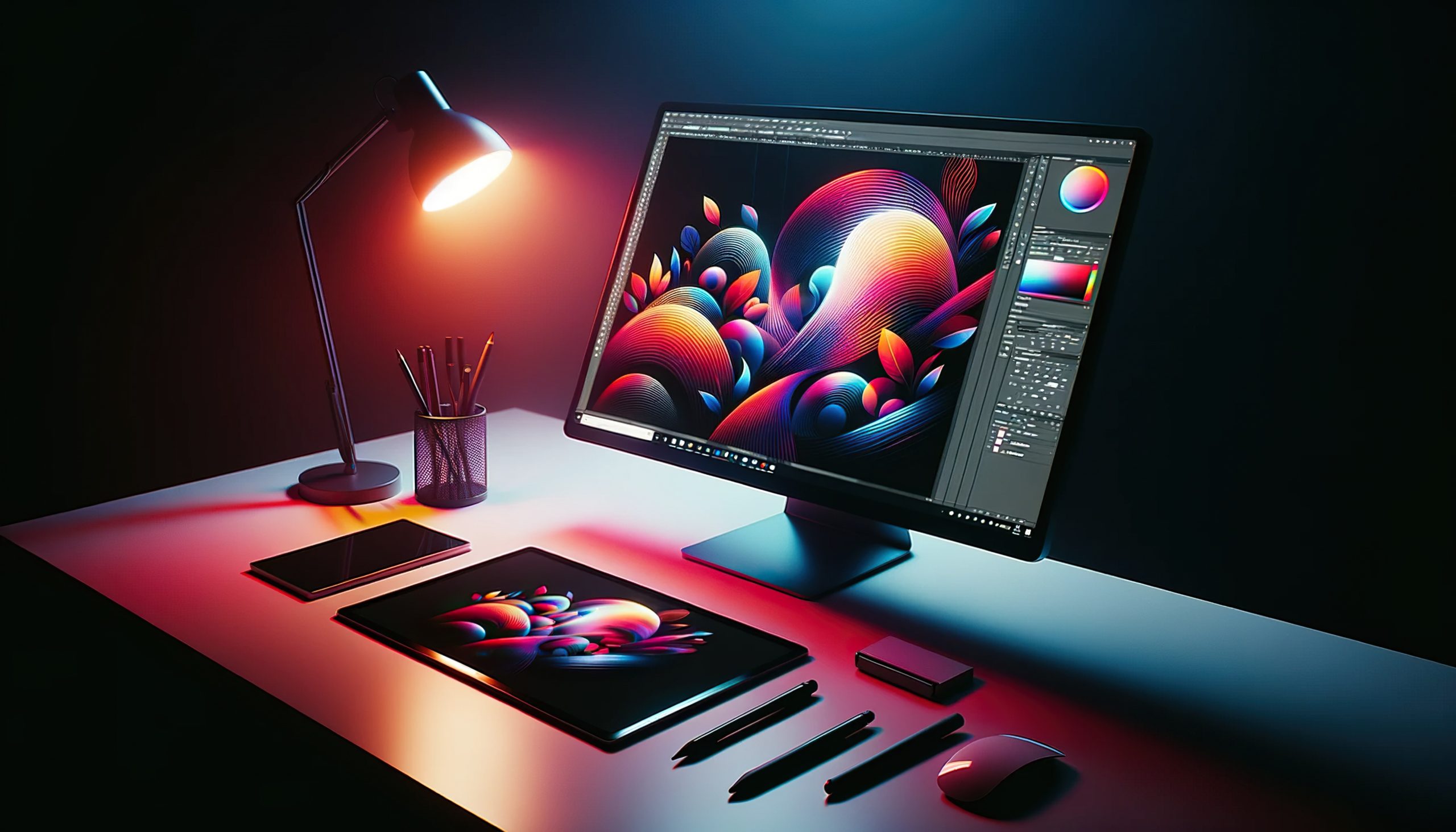 Graphic Designer Workspace with Digital Art Project Graphic Designer Workspace with Digital Art Project