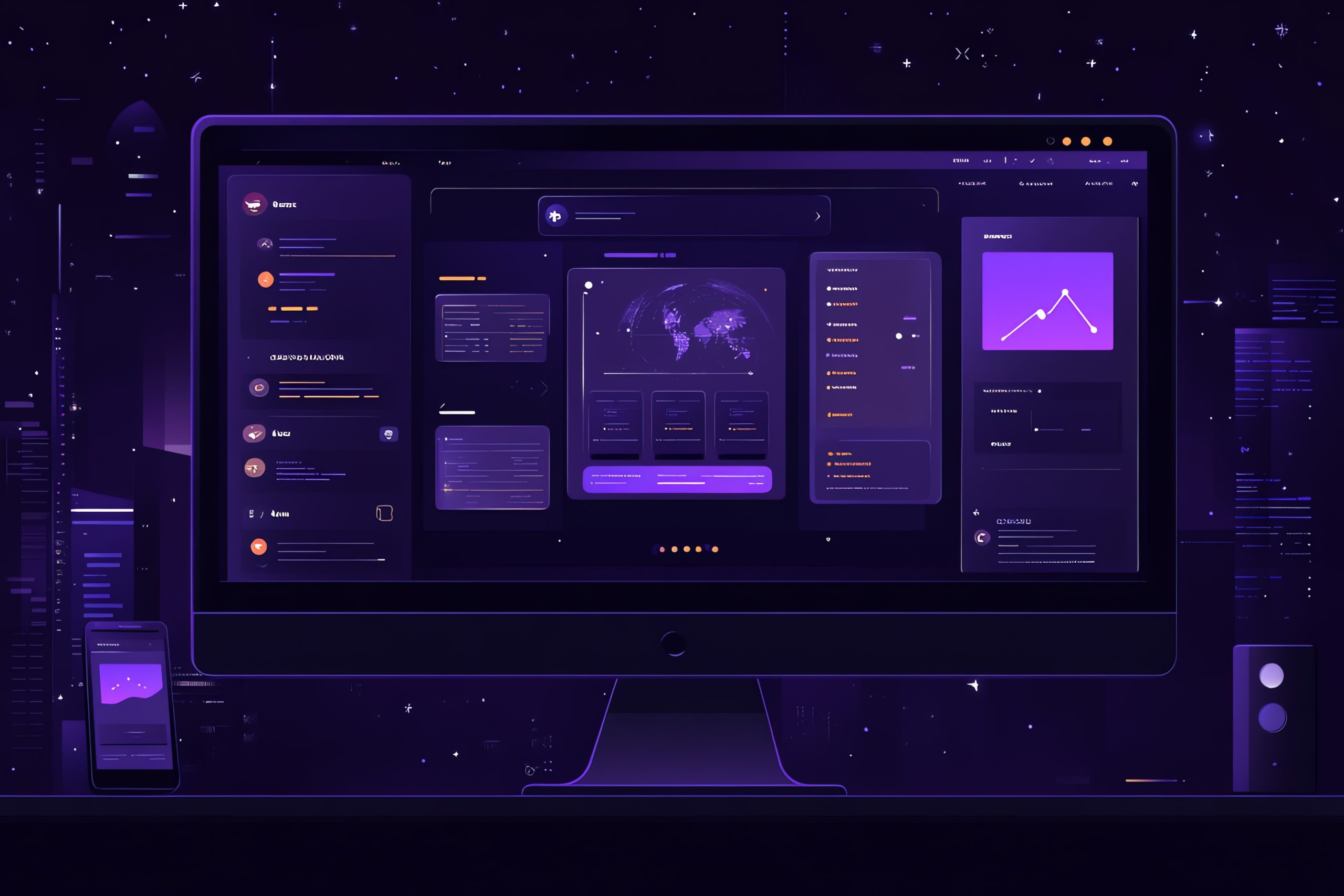 Desktop computer screen with a dark interface showing a world map, data charts, and graphs. Desktop computer screen with a dark interface showing a world map, data charts, and graphs.